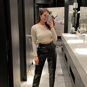 Creme Sequin Mesh Long Sleeve Crop Top